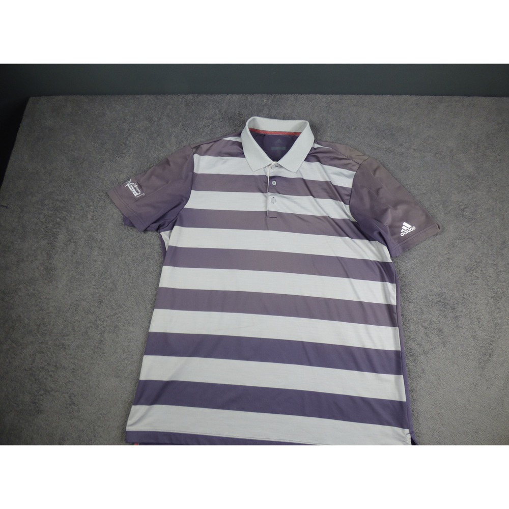 Adidas Golf Mens Large Purple Striped Polo Shirt Memphis National Logo Short Slv